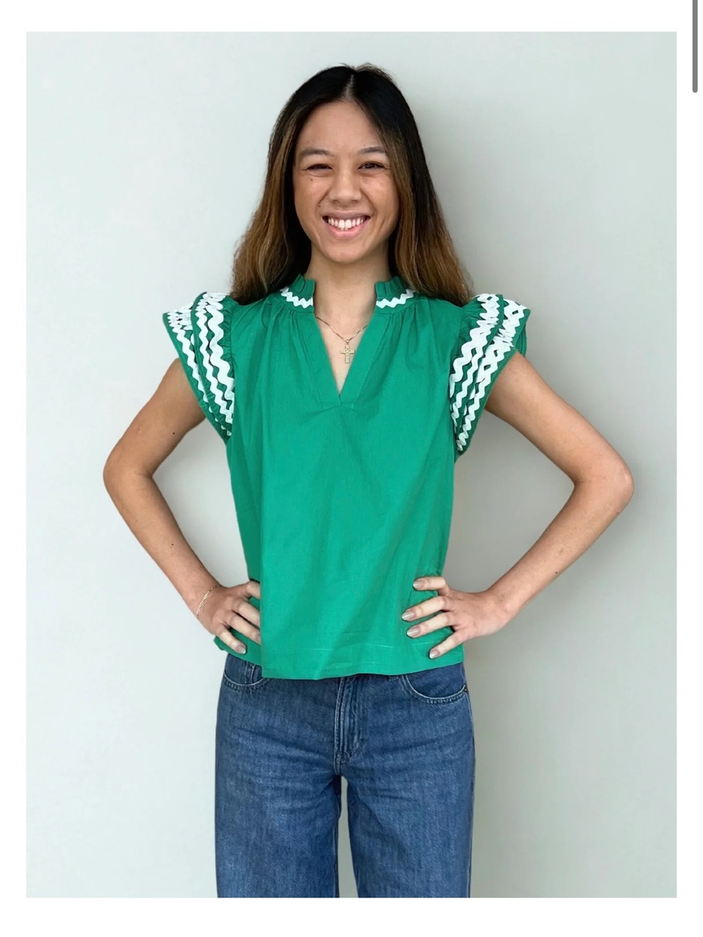 Pinch Green Ruffled Neck Blouse with Navy Tag Accent